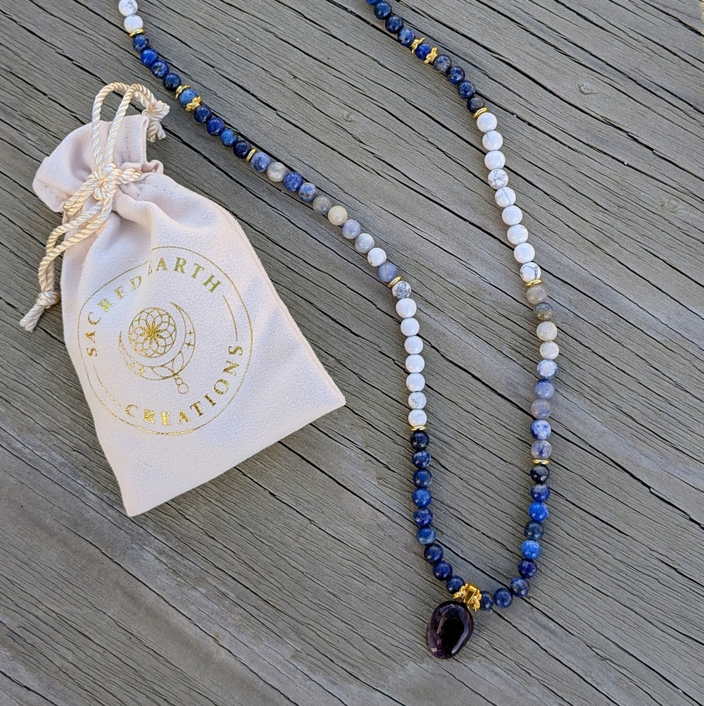 Natural Gemstone Necklace - Lapis Lazuli, Amethyst And Howlite